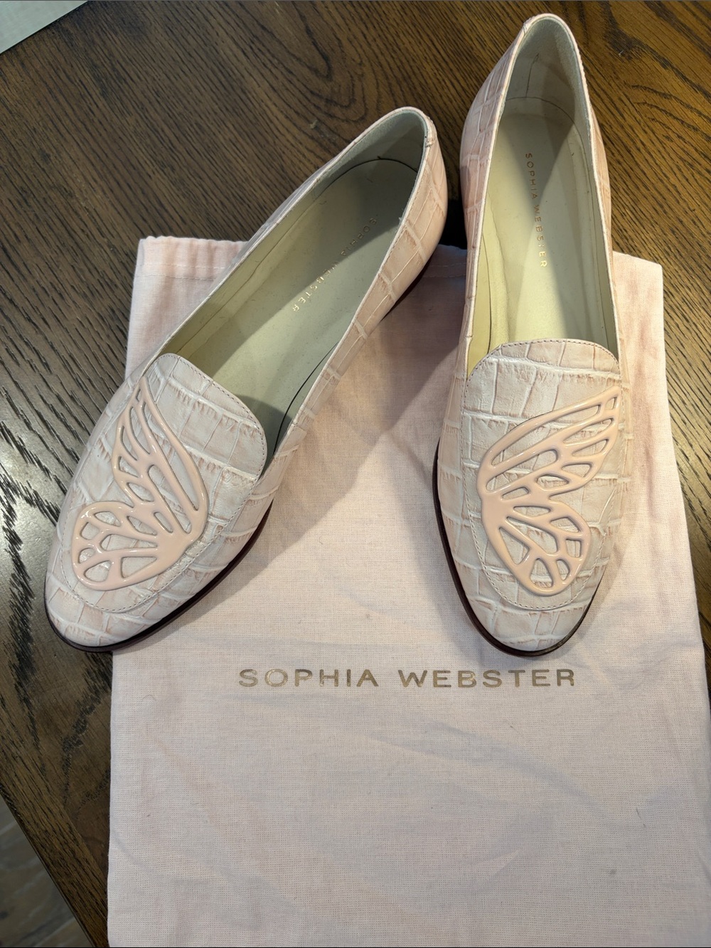 Sophia Webster Pale Pink Croc-Embossed Leather Loafers with Butterfly Appliqué - Picture 3 of 5